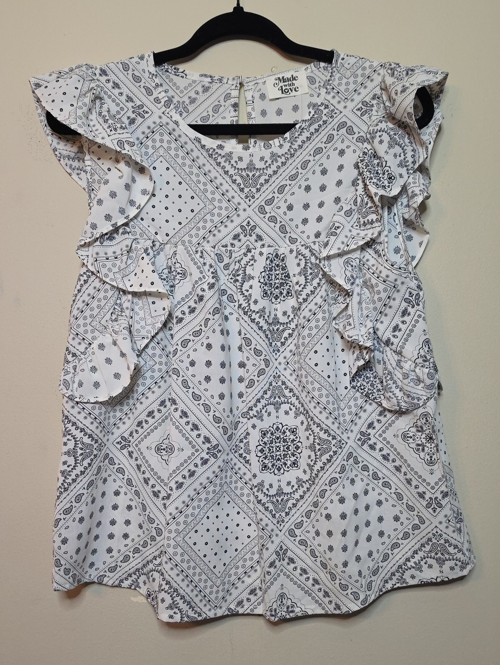 Made With Love White & Black Printed Ruffle Sleeve Top
